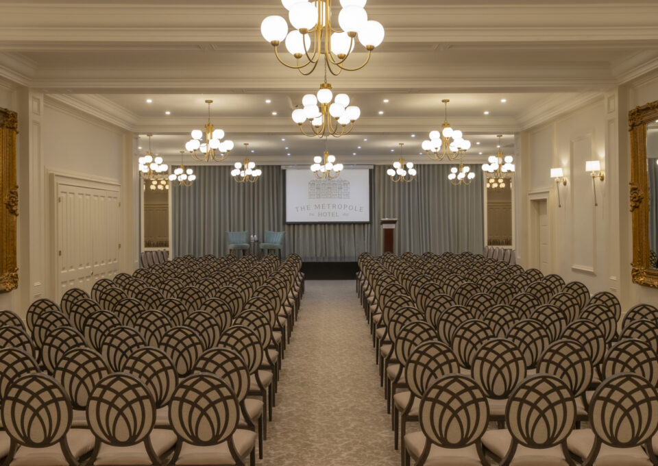 The ballroom theatre style set up at The Metropole Hotel Cork