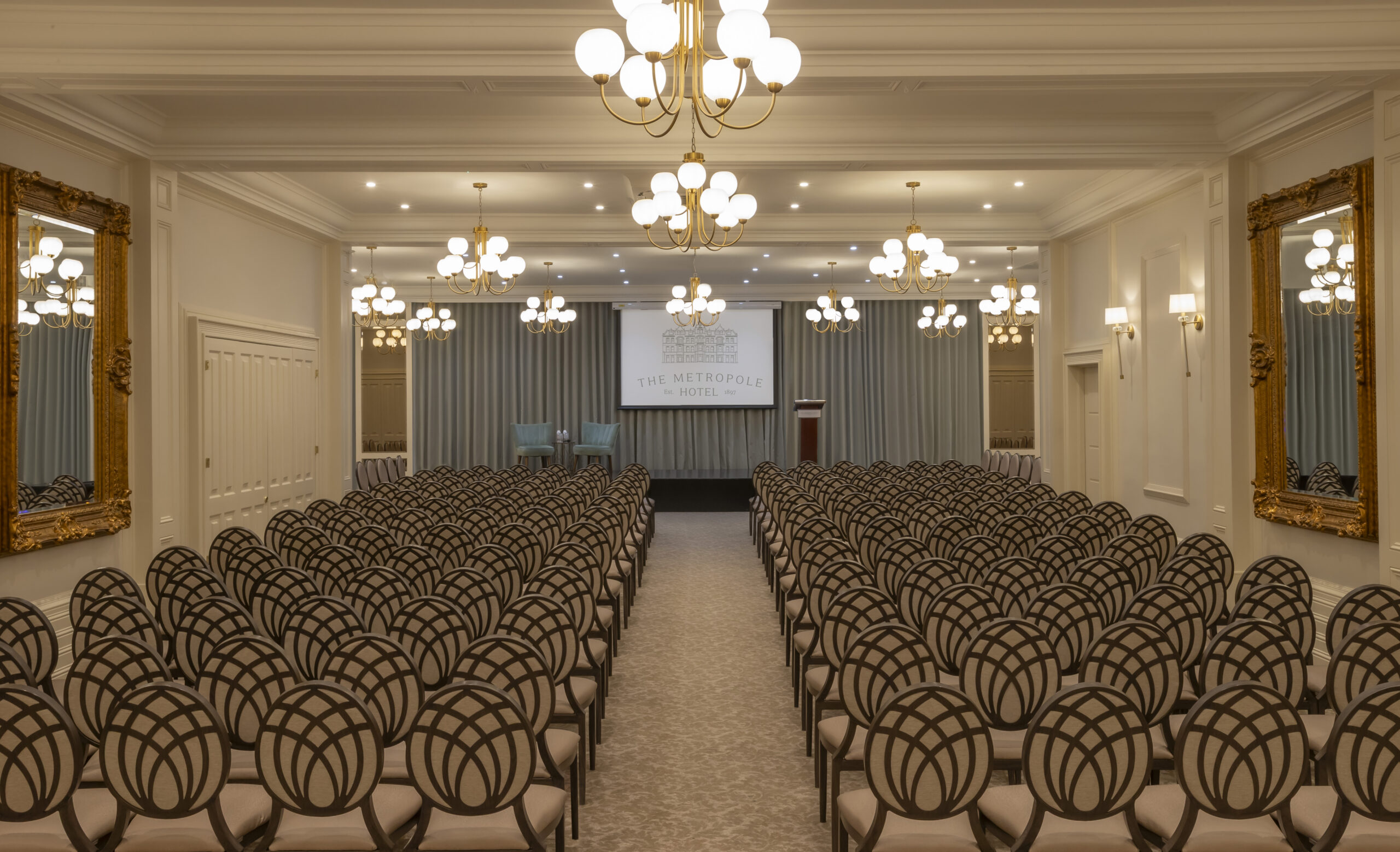 The ballroom theatre style set up at The Metropole Hotel Cork