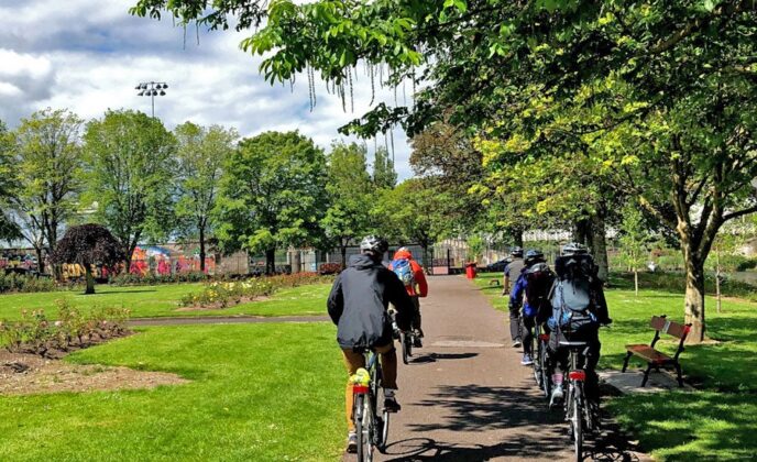 beyond the glass cork cycle tour group on path
