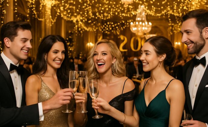 Groups of friends at the New Years Eve Black Tie ball in the Metropole Hotel cork city