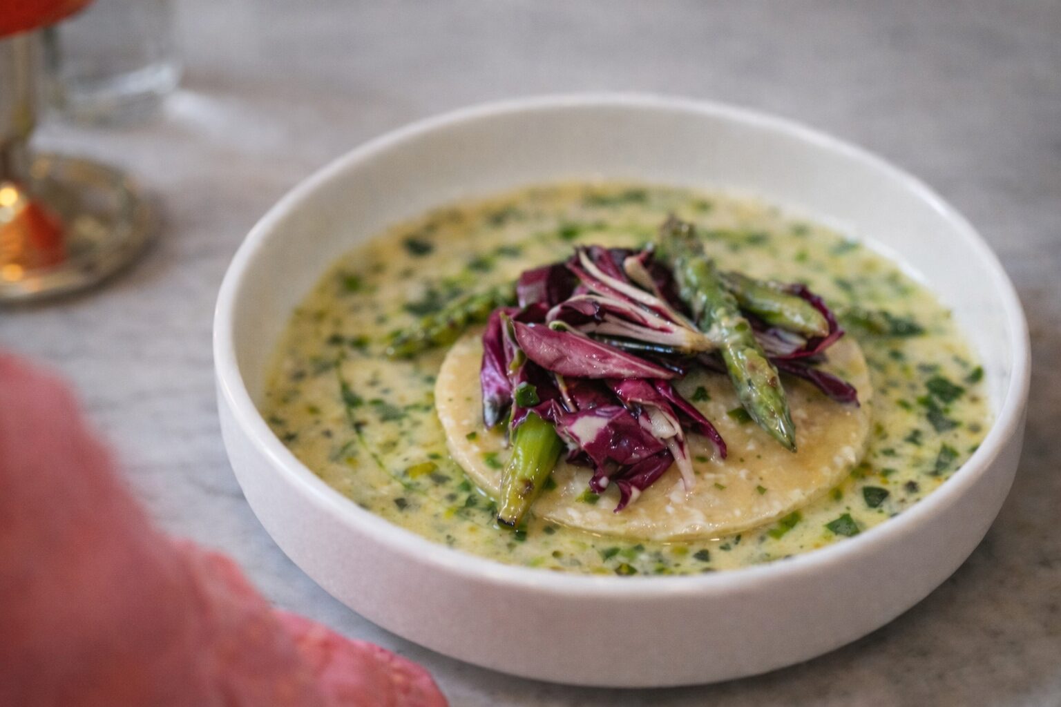 Ravioli with radicchio and asparagus